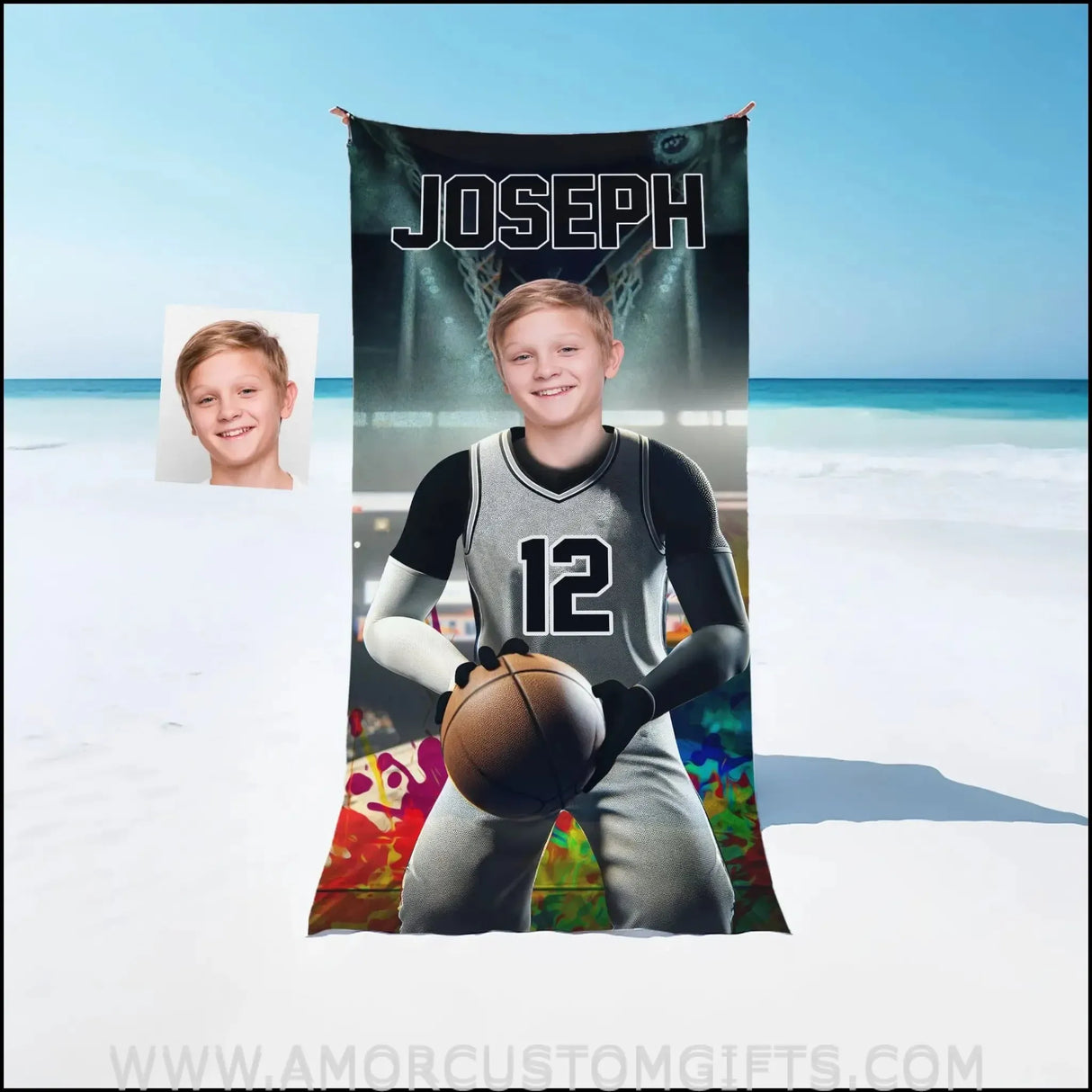 Towels Personalized NBA San Antonio Basketball Boy Spurs Photo Beach Towel | Customized Name & Face Boy Towel