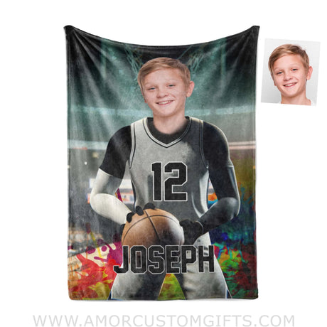 Blankets Personalized NBA San Antonio Basketball Boy Spurs Photo Blanket | Custom Name & Face Boy Blanket