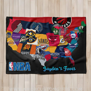 Blankets Personalized NBA Teams Map Blanket | Custom Name USA Basketball Teams Map Blanket, Sport Tapestry Throw