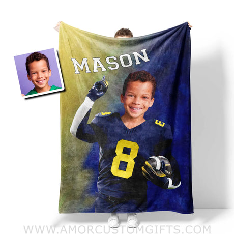 Blankets Personalized NCAA Michigan Football Boy Wolverines Photo Blanket | Custom Name & Face Boy Blanket