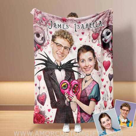 Blankets Personalized Nightmare Jack Sally 3 Blanket | Custom Face & Name Couple Blanket