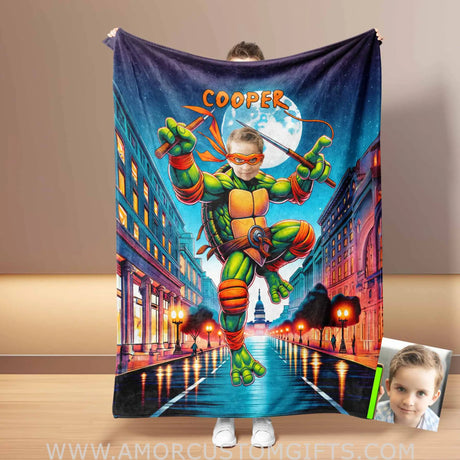 Blankets Personalized Ninja Boy Capital Hill Photo Blanket | Custom Face & Name Mutant Turtle Orange Bandana Don Blanket