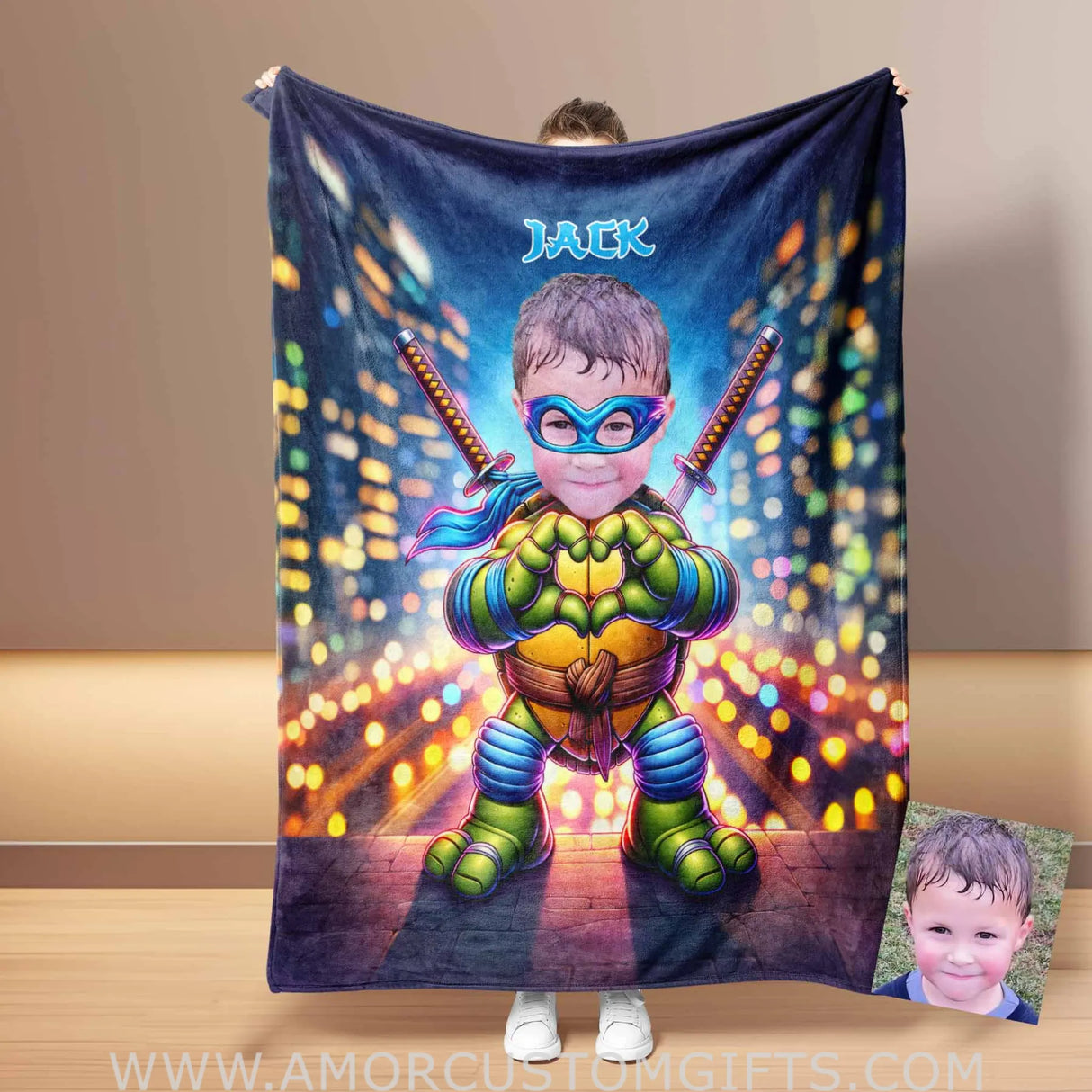Blankets Personalized Ninja Boy Photo Blanket | Custom Face & Name Mutant Turtle Blue Bandana Heart Hand Gesture Blanket