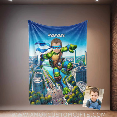 Blankets Personalized Ninja Boy Photo Blanket | Custom Face & Name Mutant Turtle Blue Bandana In Washington DC Monument Blanket