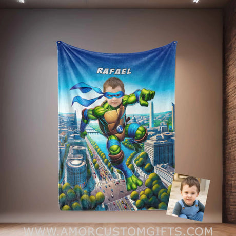 Blankets Personalized Ninja Boy Photo Blanket | Custom Face & Name Mutant Turtle Blue Bandana In Washington DC Monument Blanket