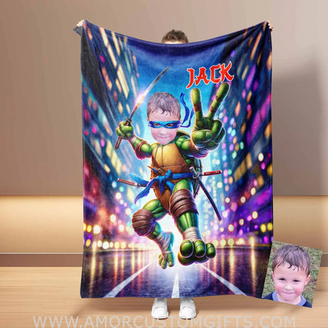 Blankets Personalized Ninja Boy Photo Blanket | Custom Face & Name Mutant Turtle Blue Bandana Victory V Hand Gesture Blanket