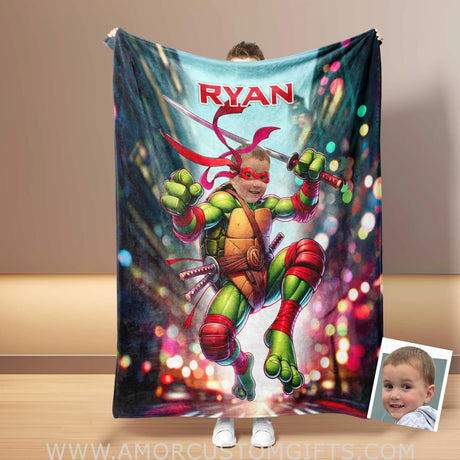 Blankets Personalized Ninja Boy Photo Blanket | Custom Face & Name Mutant Turtle Red Bandana Blanket