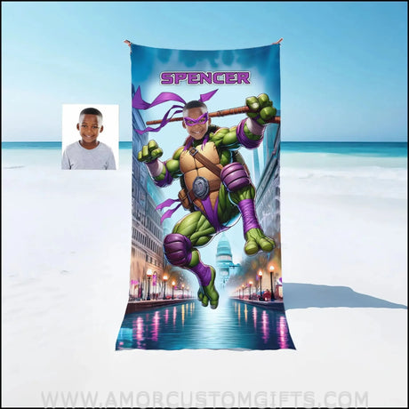 Towels Personalized Ninja Boy Purple Photo Beach Towel | Customized Name & Face Bandana Don In Washington DC Boy Towel