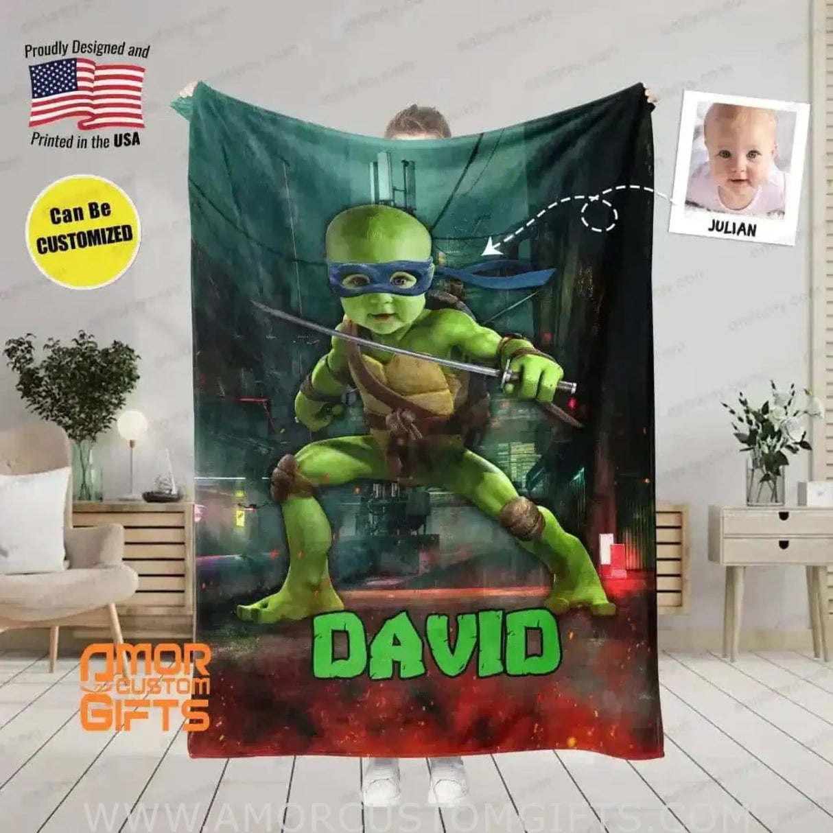 Blankets Personalized Ninja Turtle Baby Boy Blanket | Custom Face & Name Boy Blanket,  Customized Blanket