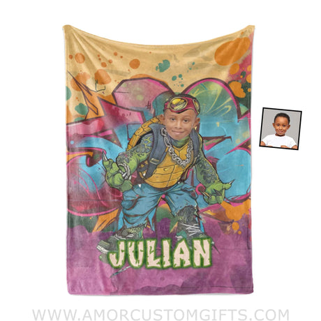 Blankets Personalized Ninja Turtle Graffiti Street Photo Boy Blanket | Custom Name & Face Boy Blanket