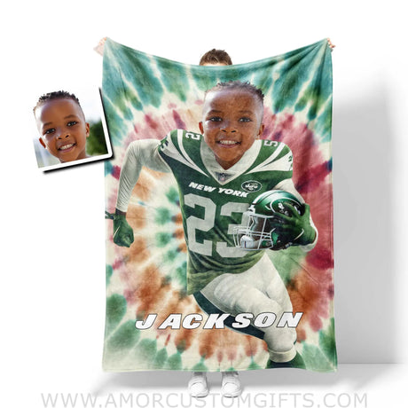 Blankets Personalized NY Jets Football Boy Tie Dye Photo Blanket | Custom Name & Face Boy Blanket