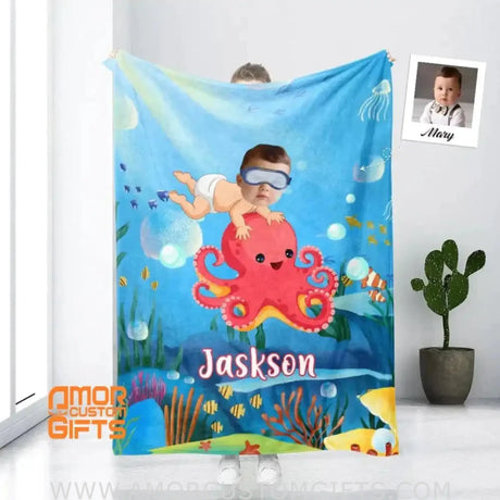 Blankets Personalized Octopus Swimming 2 Blanket | Custom Face & Name Boy Sea Optopus Blanket