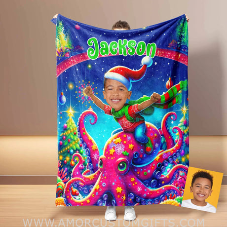 Blankets Personalized Octopus Xmas Boy 1 Blanket | Custom Face & Name Boy Photo Blanket