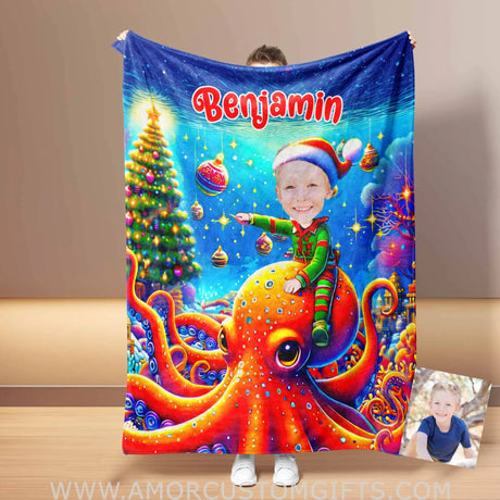 Blankets Personalized Octopus Xmas Boy 2 Blanket | Custom Face & Name Boy Photo Blanket