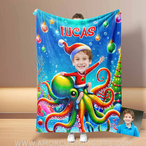 Blankets Personalized Octopus Xmas Boy 3 Blanket | Custom Face & Name Boy Photo Blanket