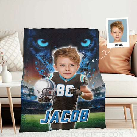Blankets Personalized Panthers Football Boy Blanket | Custom Face & Name Football Carolina Boys Blanket