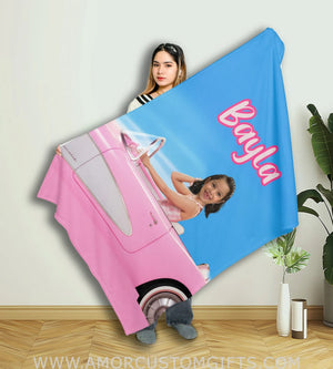 Blankets Personalized Pink Barbi Driving Car Girl Photo Blanket | Custom Name & Face Girl Blanket