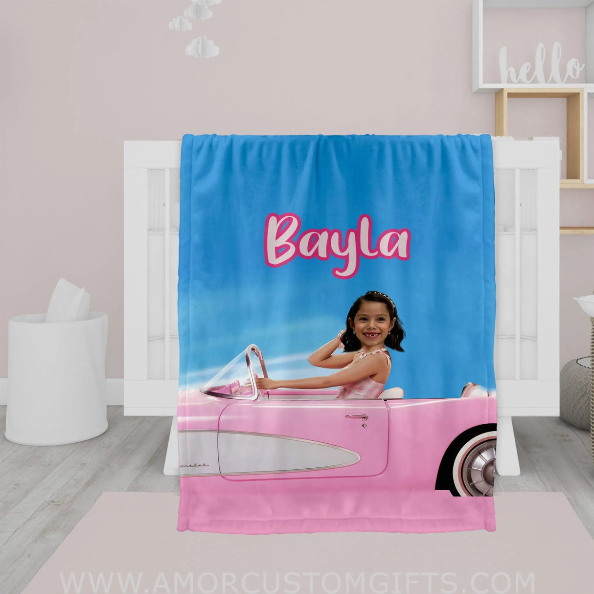 Blankets Personalized Pink Barbi Driving Car Girl Photo Blanket | Custom Name & Face Girl Blanket