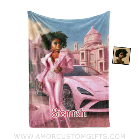 Blankets Personalized Pink Fashion Doll Pink Classic Car Blanket | Custom Name & Face Girl Blanket