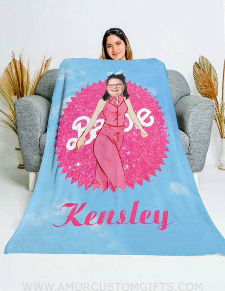 Blankets Personalized Pink Barbi Girl 10 Photo Blanket | Custom Face & Name Girl Blanket
