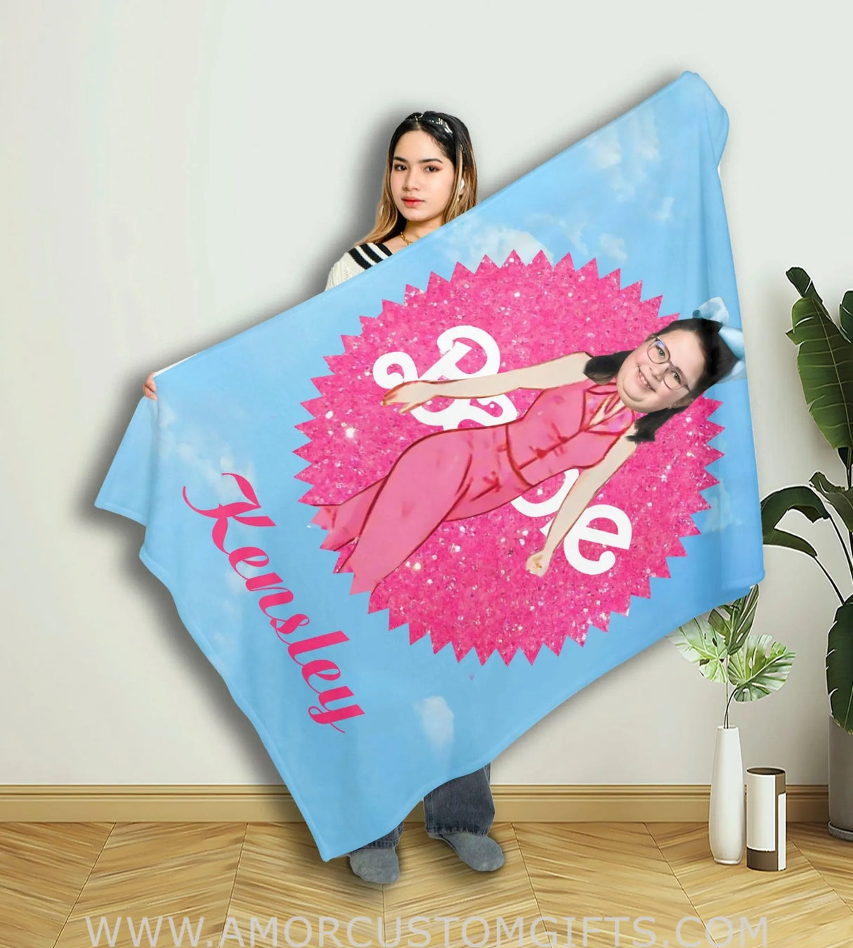 Blankets Personalized Pink Barbi Girl 10 Photo Blanket | Custom Face & Name Girl Blanket