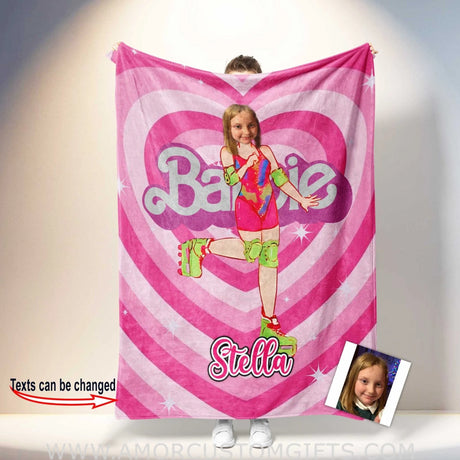 Blankets Personalized Pink Barbi Girl 11 Photo Blanket | Custom Face & Name Girl Blanket