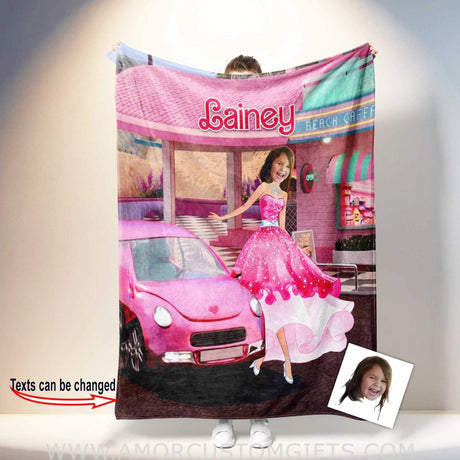 Blankets Personalized Pink Barbi Girl 8 Photo Blanket | Custom Face & Name Girl Blanket