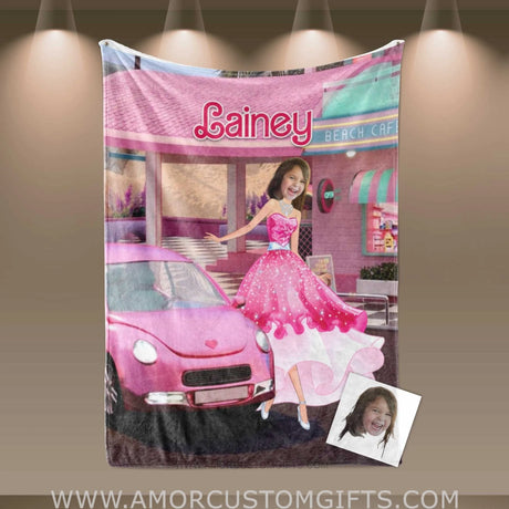 Blankets Personalized Pink Barbi Girl 8 Photo Blanket | Custom Face & Name Girl Blanket