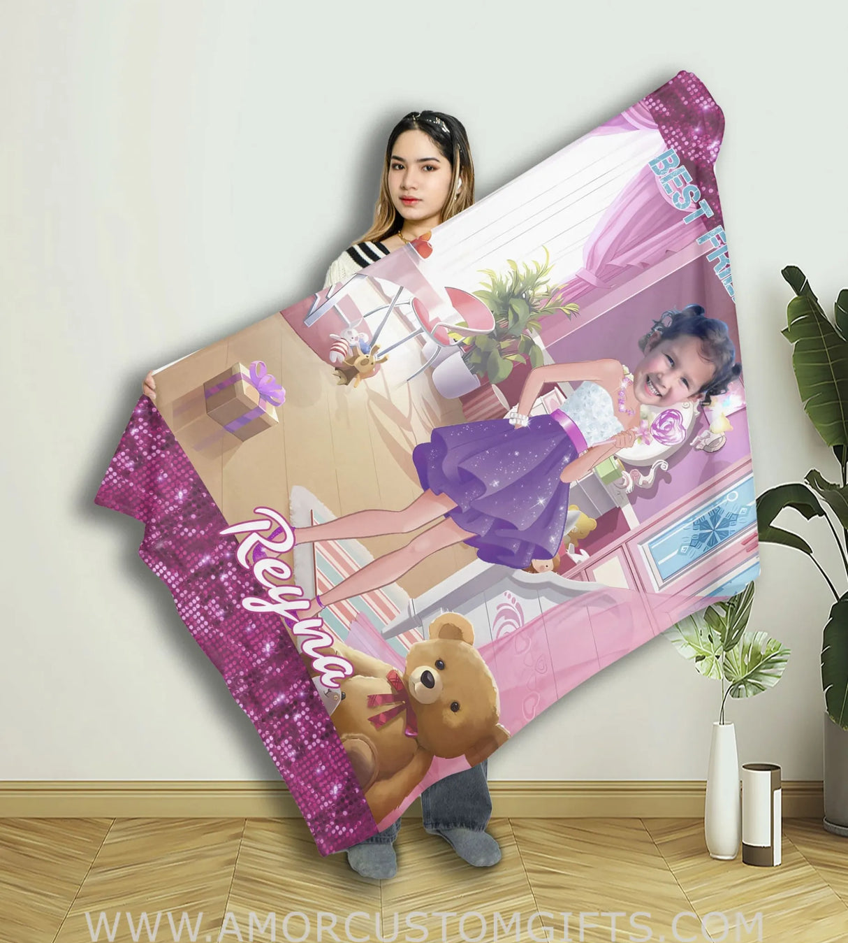 Blankets Personalized Pink Barbi Girl 9 Photo Blanket | Custom Face & Name Girl Blanket
