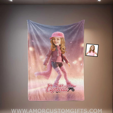 Blankets Personalized Pink Fashion Doll Skating Blanket | Custom Name & Face Girl Blanket