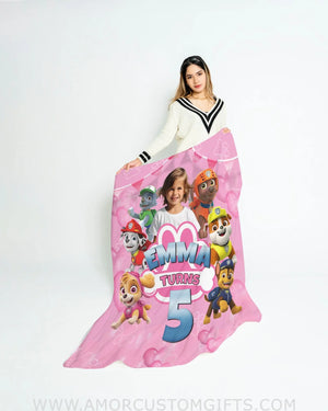 Blankets Personalized Pink Puppy Girl Blanket | Custom Face & Name Girl Blanket