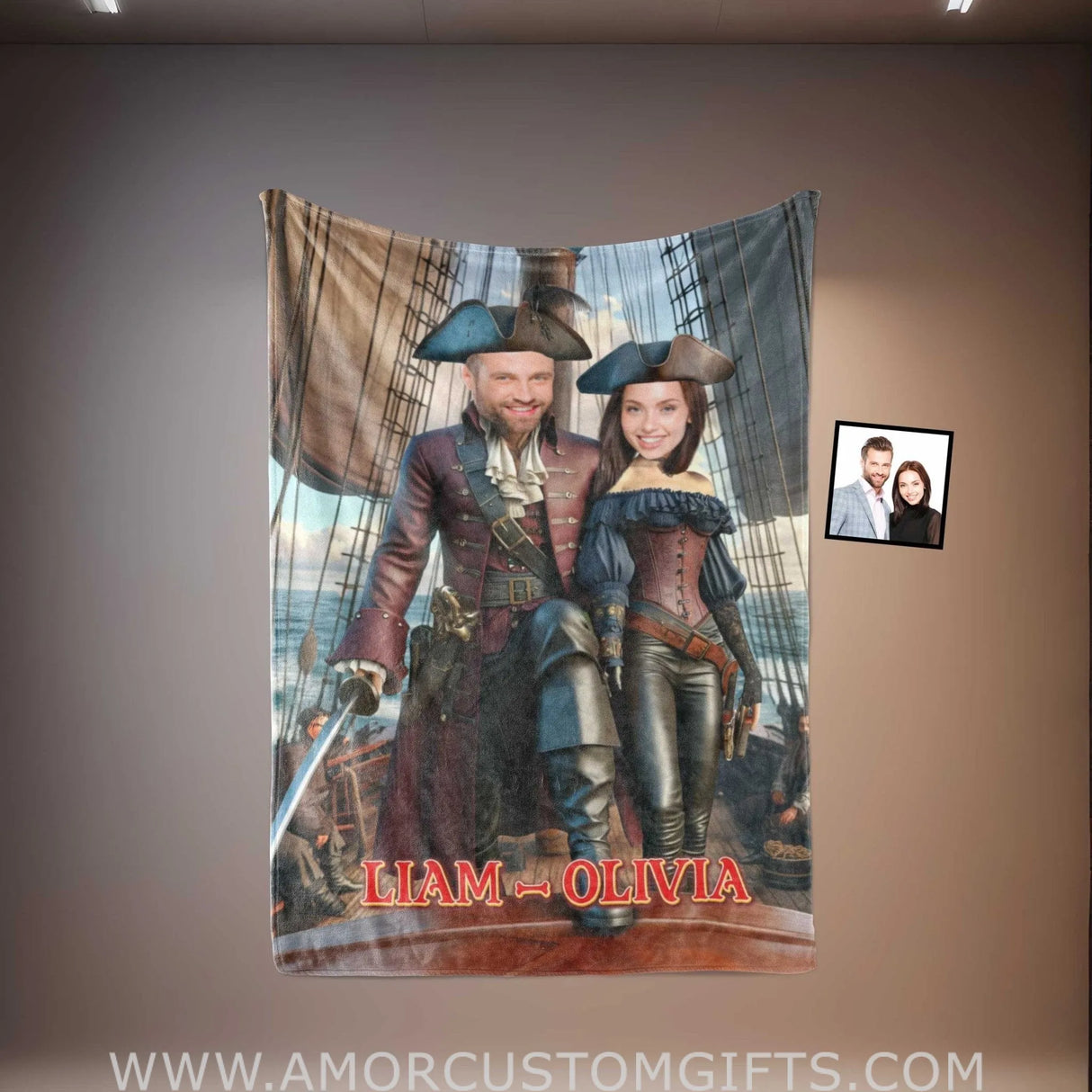 Blankets Personalized Pirate Couple 1 Blanket | Custom Face & Name Couple Blanket