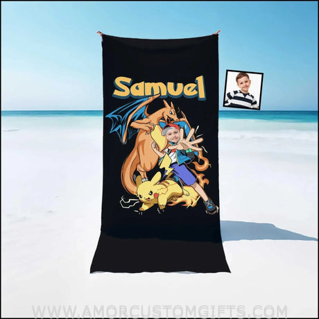 Towels Personalized PK Dragon Boy Photo Beach Towel | Customized Name & Face Boy Towel