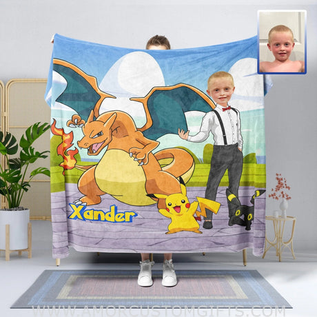 Blankets Personalized PK Trainer Pikachu Dragonair Blanket | Custom Face & Name PK Trainer Squad Boy Blanket, Customized Blanket