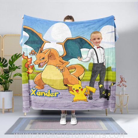Blankets Personalized PK Trainer Pikachu Dragonair Blanket | Custom Face & Name PK Trainer Squad Boy Blanket, Customized Blanket