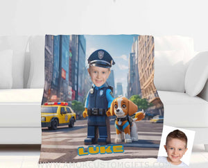 Blankets Personalized Police Boy & Patrol Dog Photo Blanket #1 | Custom Face & Name  Interlocking Building Blocks Patrol Blanket For Boys