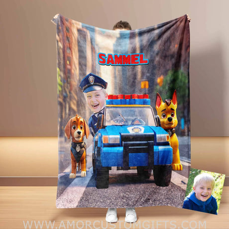 Blankets Personalized Police Boy & Patrol Dog Photo Blanket #3 | Custom Face & Name  Interlocking Building Blocks Patrol Blanket For Boys