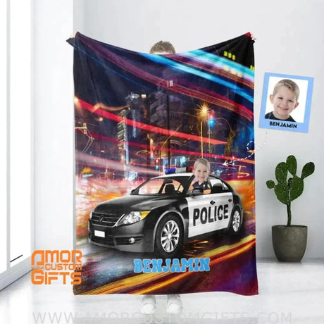 Blankets Personalized Police Car 2 Boy Blanket | Custom Face & Name Vehicle Boy Blanket