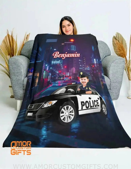 Blankets Personalized Police Car Boy Blanket | Custom Face & Name Vehicle Boy Blanket