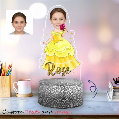 Personalized Princess Belle Yellow Gown Night Lights - Face Custom Beauty & The Beast Princess Nightlight Acrylic Table LED Lamp For Kids, Teens Gifts