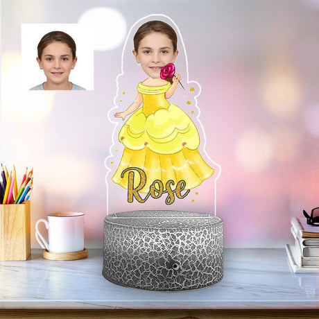 Personalized Princess Belle Yellow Gown Night Lights - Face Custom Beauty & The Beast Princess Nightlight Acrylic Table LED Lamp For Kids, Teens Gifts