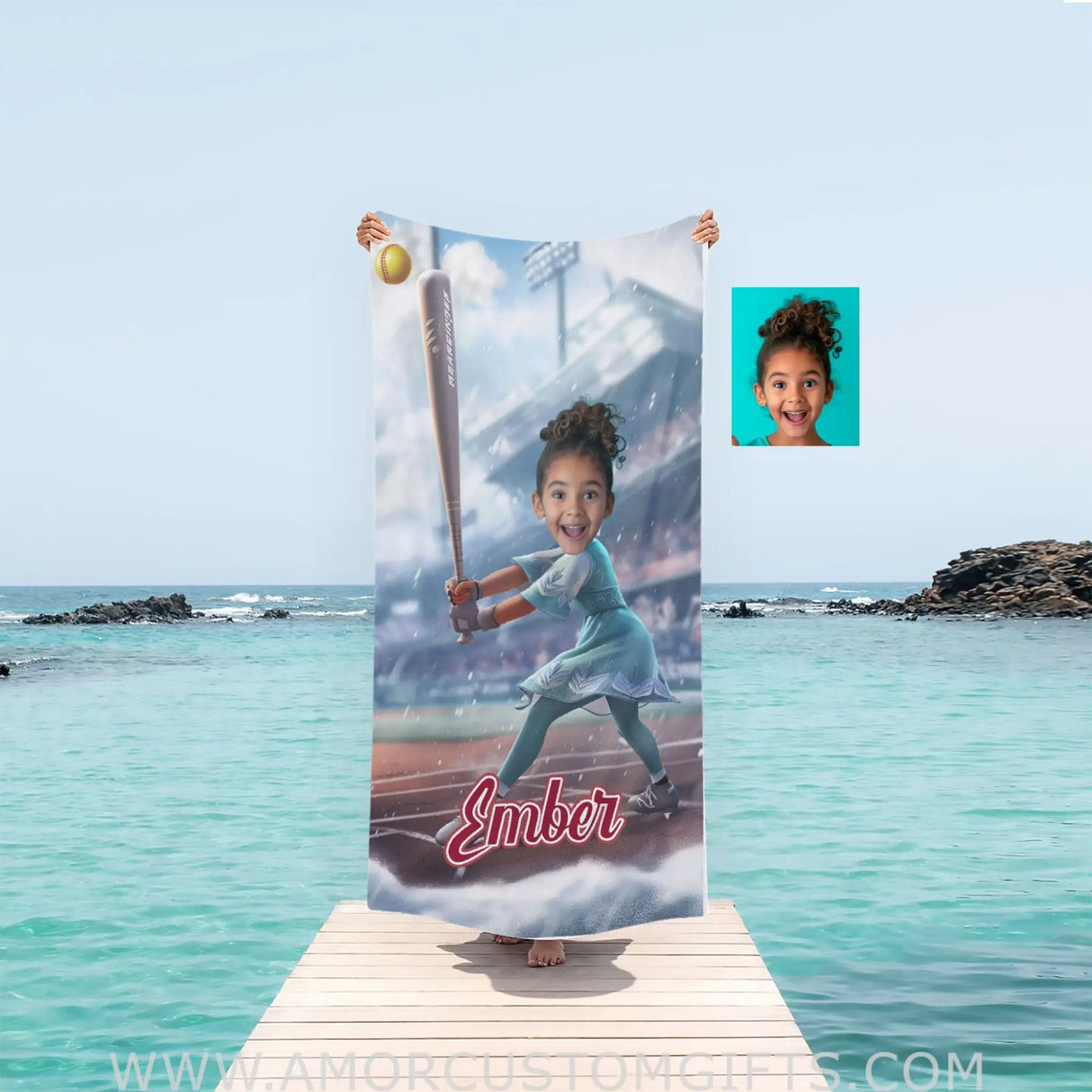 Towels Personalized Princess Frozen Elsa Softball Girl Photo Beach Towel