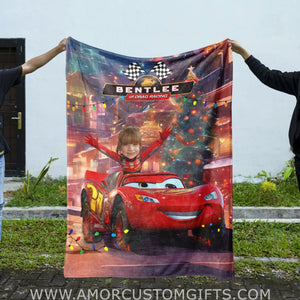 Blankets Personalized Racing Car Racing Christmas Blanket | Custom Face & Name Christmas Car Blanket