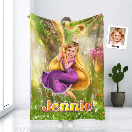 Blankets Personalized Rapunzel Princess In Blink Forest Blanket | Customized Photo Blanket With Face Princess Rapunzel Tangled Blanket