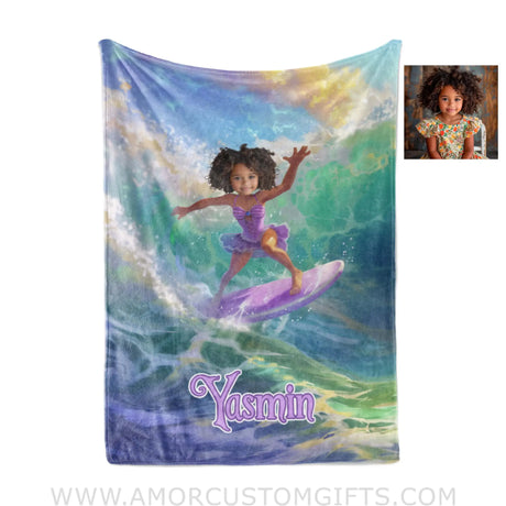 Personalized Rapunzel Princess Summer Surfing Dancing On Surfboard Girl Blanket | Custom Name &