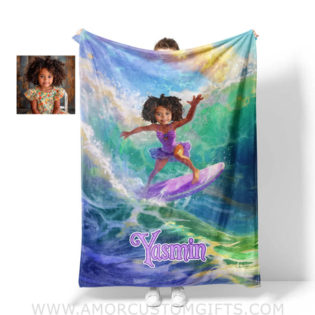 Personalized Rapunzel Princess Summer Surfing Dancing On Surfboard Girl Blanket | Custom Name &