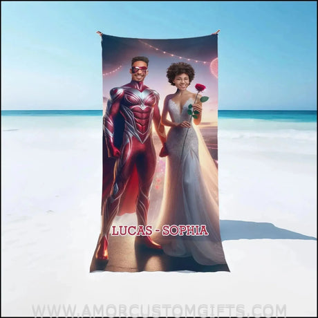 Towels Personalized Red Superhero Couple Love City Beach Towel | Customized Superhero Theme Pool Towel