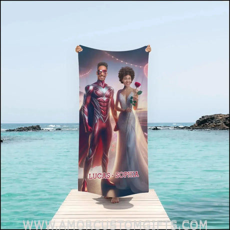 Towels Personalized Red Superhero Couple Love City Beach Towel | Customized Superhero Theme Pool Towel