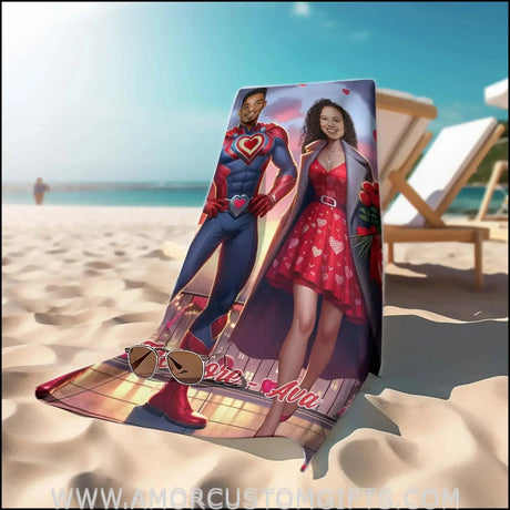 Towels Personalized Red Superman Couple Love City Beach Towel | Customized Superhero Theme Pool Towel