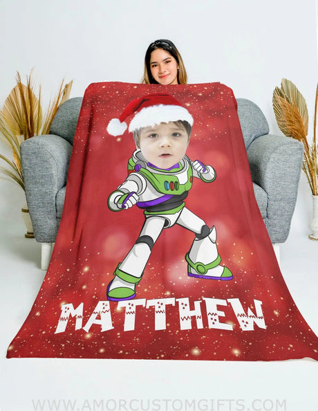 Blankets Personalized Red Xmas Buzz Lightyear Blanket | Custom Face & Name Christmas Blanket For Boys